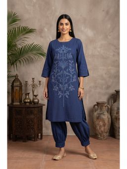 Folksong - Navy Blue Embroidered Pure Cotton Straight Kurta