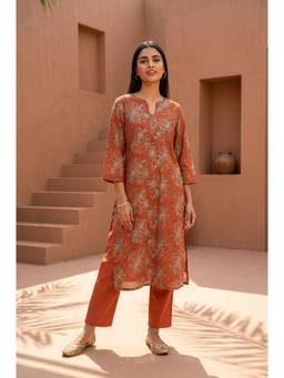 Folksong - Rust Floral Block Printed Pure Cotton Straight Kurta