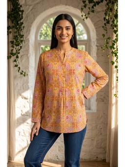 Folksong - Yellow Floral Block Printed Pure Cotton Top