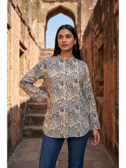 Folksong - Beige Floral Block Printed Rayon Top