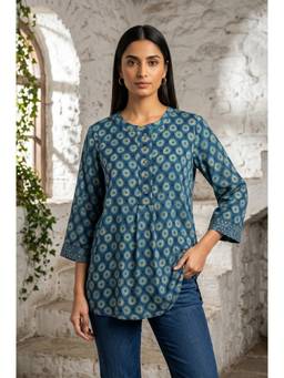 Folksong - Blue Ajrak Printed Modal Top