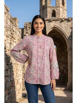 Folksong - Light Pink Floral Block Printed Pure Cotton A-Line Top
