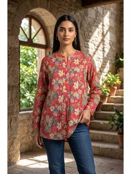 Folksong - Red Floral Block Printed Cotton Silk Top