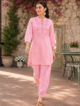 Nayam by lakshita - Pink Embroidered Cotton Kurti with Salwar