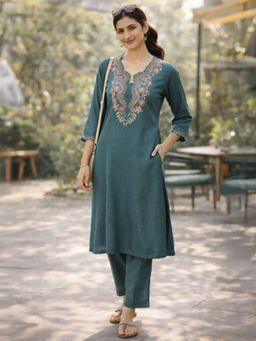 Nayam by lakshita - Teal Silk Floral Straight Kurta with Pant