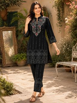 Nayam by lakshita - Black Pure Cotton Printed Straight Kurti with Pant