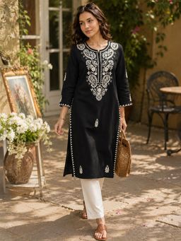 Nayam by lakshita - Black Chikankari Embroidered Straight Kurta with Pant