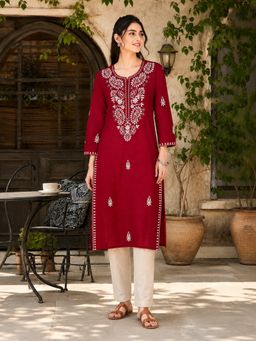 Nayam by lakshita - Maroon Chikankari Embroidered Straight Kurta with Pant
