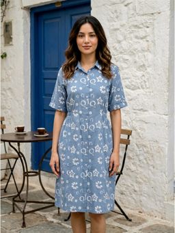 Missprint - Blue Block Printed Collar-Neck Cotton Dress