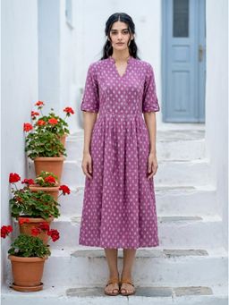 Missprint - Purple Floral Block Printed Mandarin Cotton Dress
