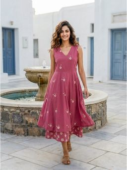 Missprint - Pink Floral Printed Sleeveless V-Neck Cotton Dress
