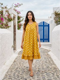 Missprint - Yellow Sleeveless Frill Sweep Cotton Dress