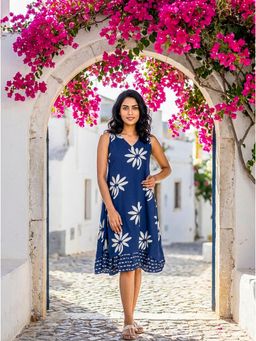 Missprint - Indigo Sleeveless V-Neck Cotton Dress
