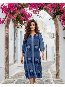 Missprint - Navy Blue Round Neck Cotton Dress