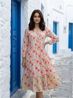 Missprint - Peach-White Floral Printed Tiered Cotton Dress