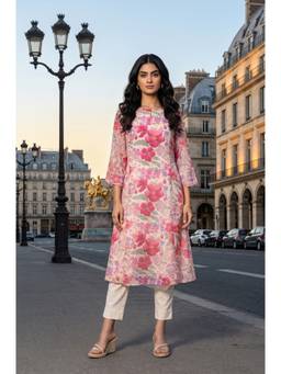 W - Pink Floral Printed Organza A-Line Kurta