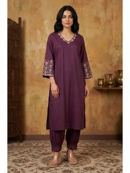 W - Purple Embroidered Sequined Work Straight Kurta