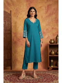 W - Blue Embroidered Sequined Work Straight Kurta