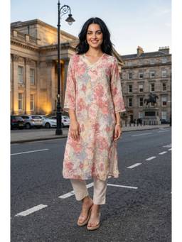 W - Multi-Color Floral Printed Chiffon Kurta