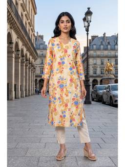 W - Beige Floral Printed Pure Cotton Straight Kurta