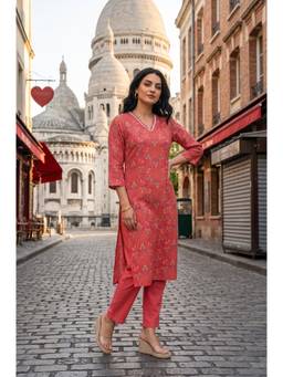 W - Red Floral Printed Rayon Straight Kurta
