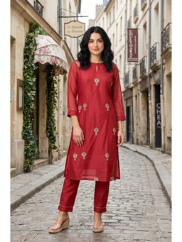 W - Red Embroidered Straight Chanderi Kurta