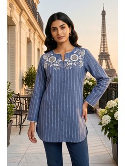 W - Blue Floral Striped Embroidered Rayon Blend Top