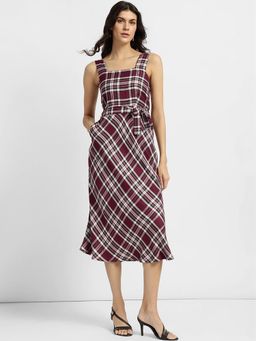 FableStreet - Maroon Check Sleeveless Midi Dress (Set of 2)