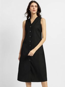 FableStreet - Black Solid A-Line Midi Dress
