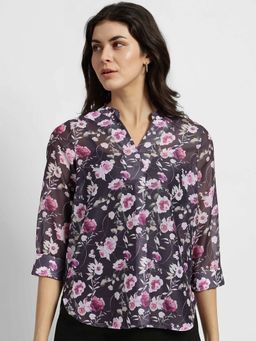 FableStreet - Sheer Chanderi Floral Top - Black