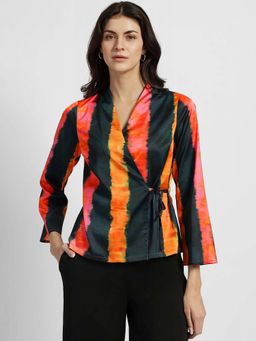 FableStreet - Satin Wrap Top - Green And Orange