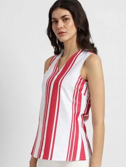 FABLE STREET - Cotton V-Neck Top - White And Red