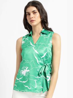 FableStreet - Satin Floral Print Wrap Top - Green And White