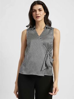 FableStreet - Satin Check Wrap Top - Black And White
