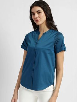 FableStreet - V Neck Button Detail Shirt - Blue