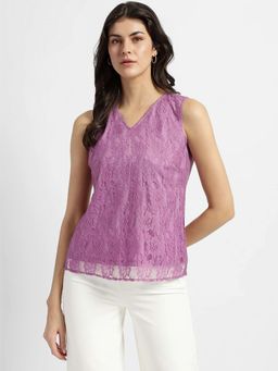 FableStreet - V Neck Lace Top - Lavender