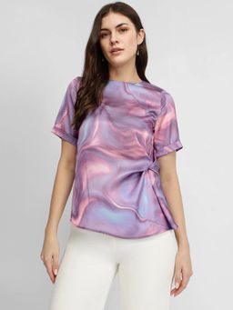 FableStreet - Satin Marble Print Top - Lavender