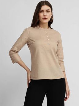 FableStreet - Cotton Mandrin Collar Top - Beige