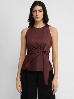 FableStreet - Satin Tie Up Top - Brown