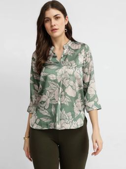 FableStreet - Satin Floral Top - Green
