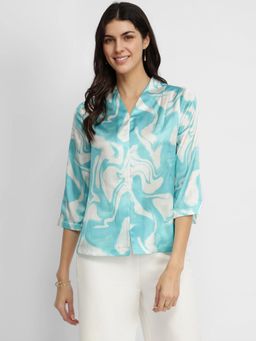 FableStreet - Satin Marble Print Top - Light Blue