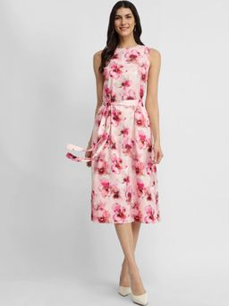 FableStreet - Floral Midi Dress with Belt - Pink