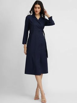 FableStreet - Wrap Midi Dress - Navy Blue