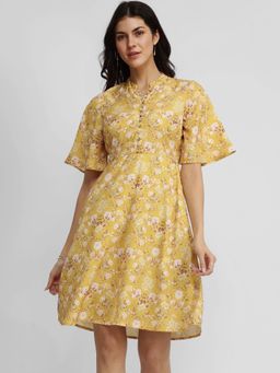 FableStreet - Floral A-Line Dress - Yellow