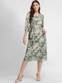 FableStreet - Satin Floral Midi Dress with Belt - Sage Green