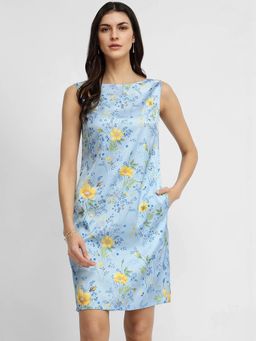 FableStreet - Satin Floral Shift Dress - Blue