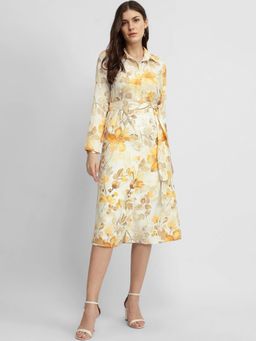 FableStreet - Floral Shirt Dress with Belt - Yellow
