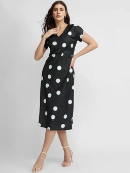 FableStreet - Satin Polka Dot Dress - Black