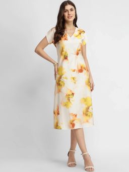 FableStreet - Satin Floral Dress - Yellow