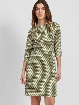 FableStreet - Olive Satin Shift Printed Dress